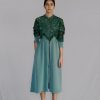 Green Map Embroidery Long Dress