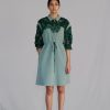 Green Map Embroidery Short Dress