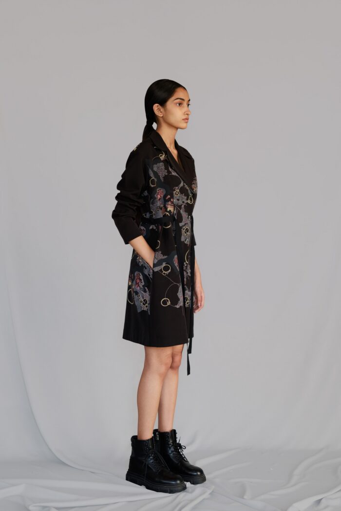 Black map coat dress