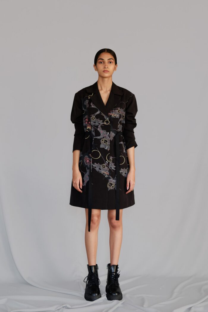 Black map coat dress