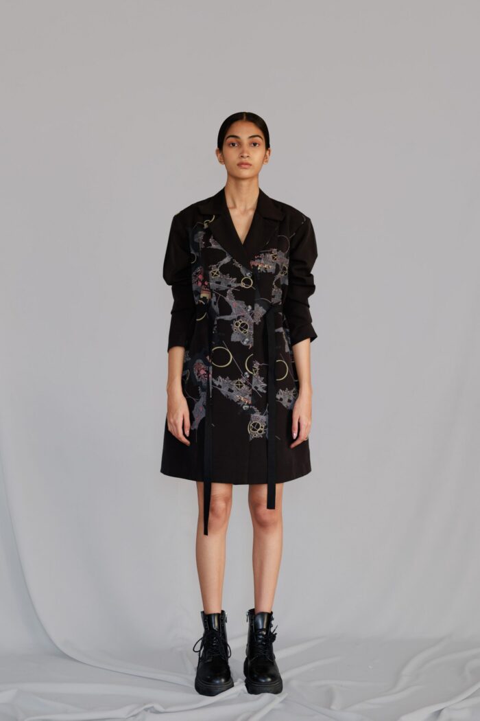 Black map coat dress