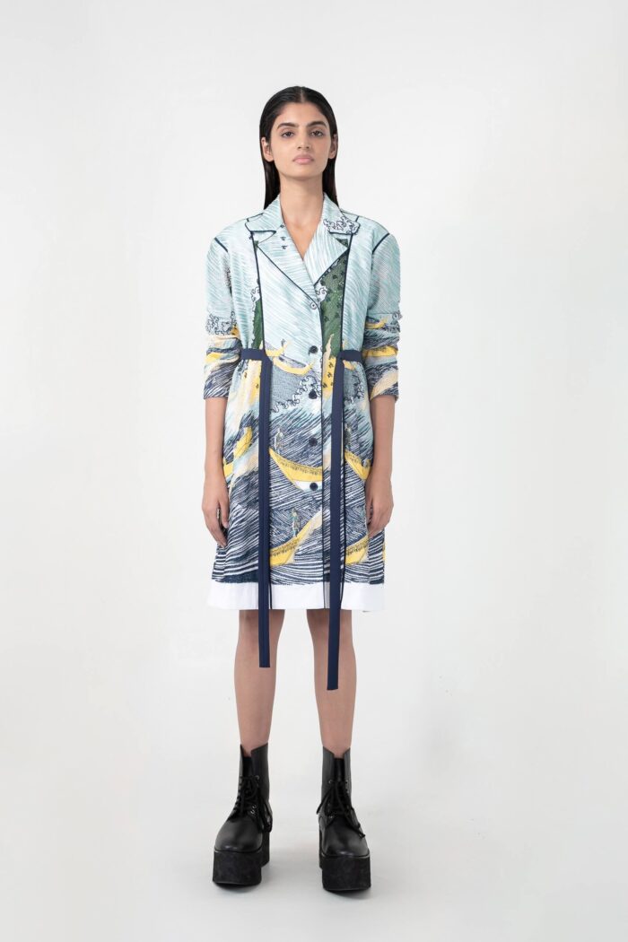 Edo wave embroidered coat dress